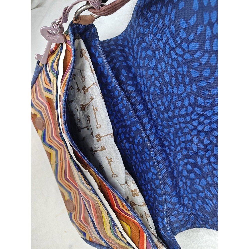 FOSSIL Keyper Flap Crossbody Messenger‎ Bag Stripe Blue Yellow Orange Brown New - Picture 10 of 13